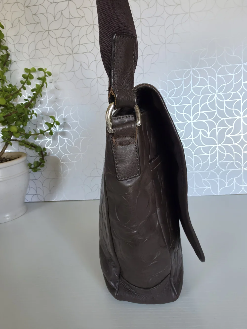 Coach Embossed Signature Messenger Bag - Dark Brown